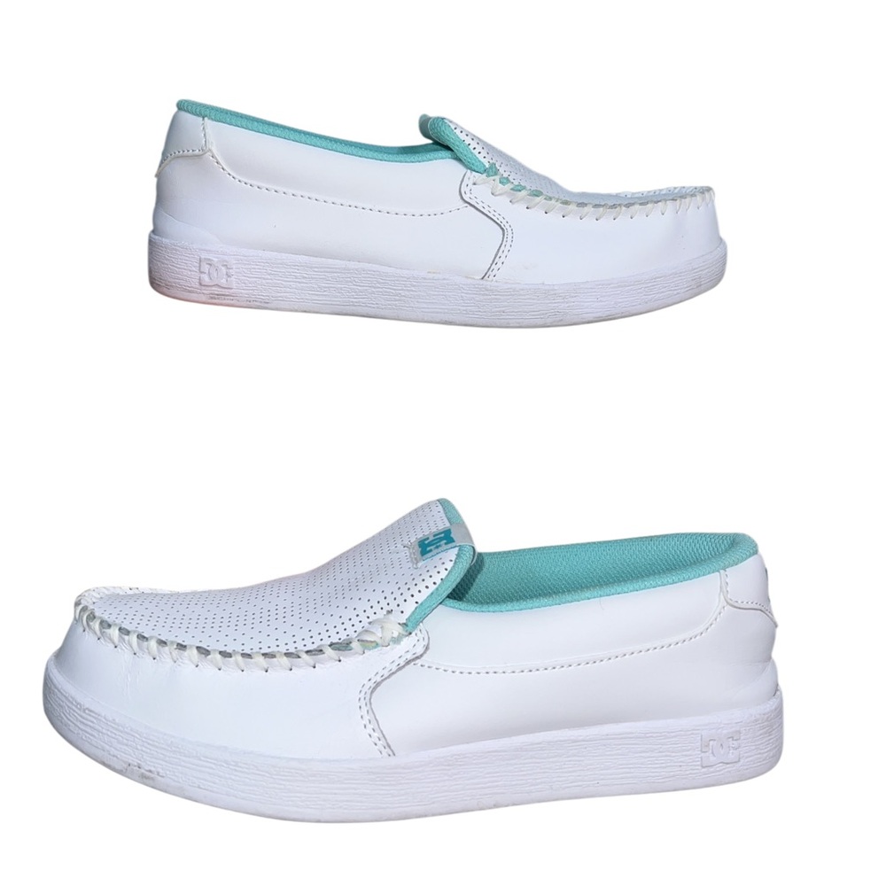 DC White Perforated Slip-On Sneakers with Aqua Lining Size 8